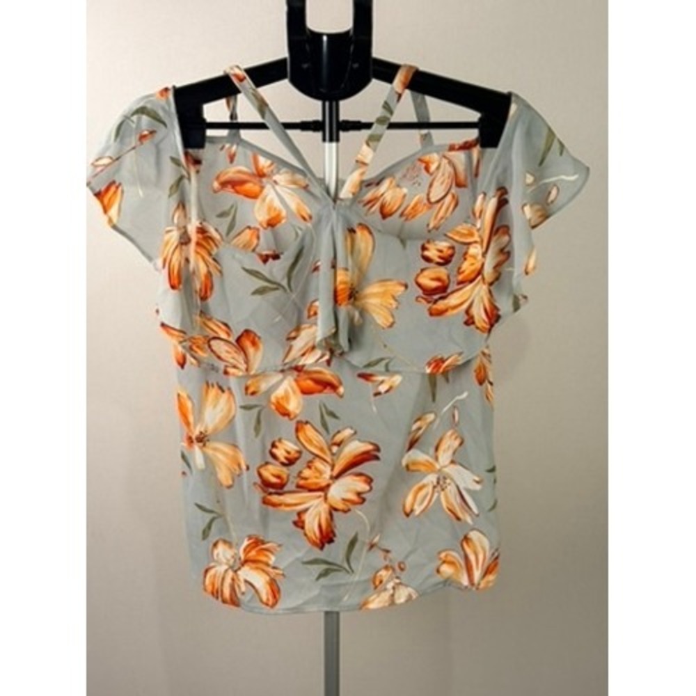 Wanderlux Sage Green Orange Floral Cold Shoulder Ruffle Top WT1266 Small